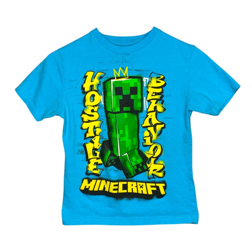 Minecraft Shirt Creeper Hostile Behavior Short Sleeve Blue Yellow Boys 10/12